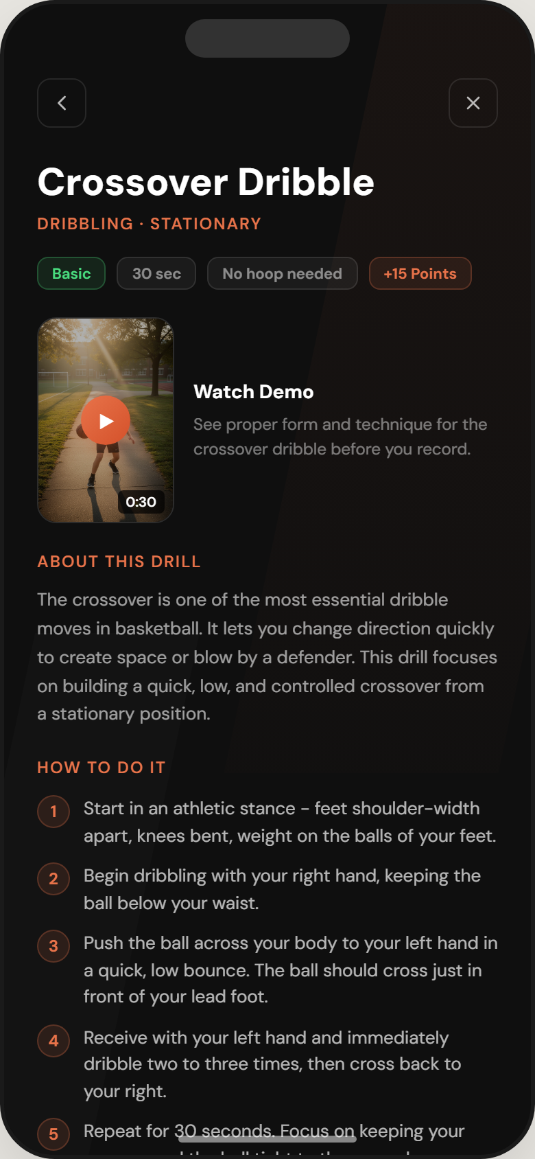 Expert-built crossover dribble with video demonstration, instructions, and coaching criteria