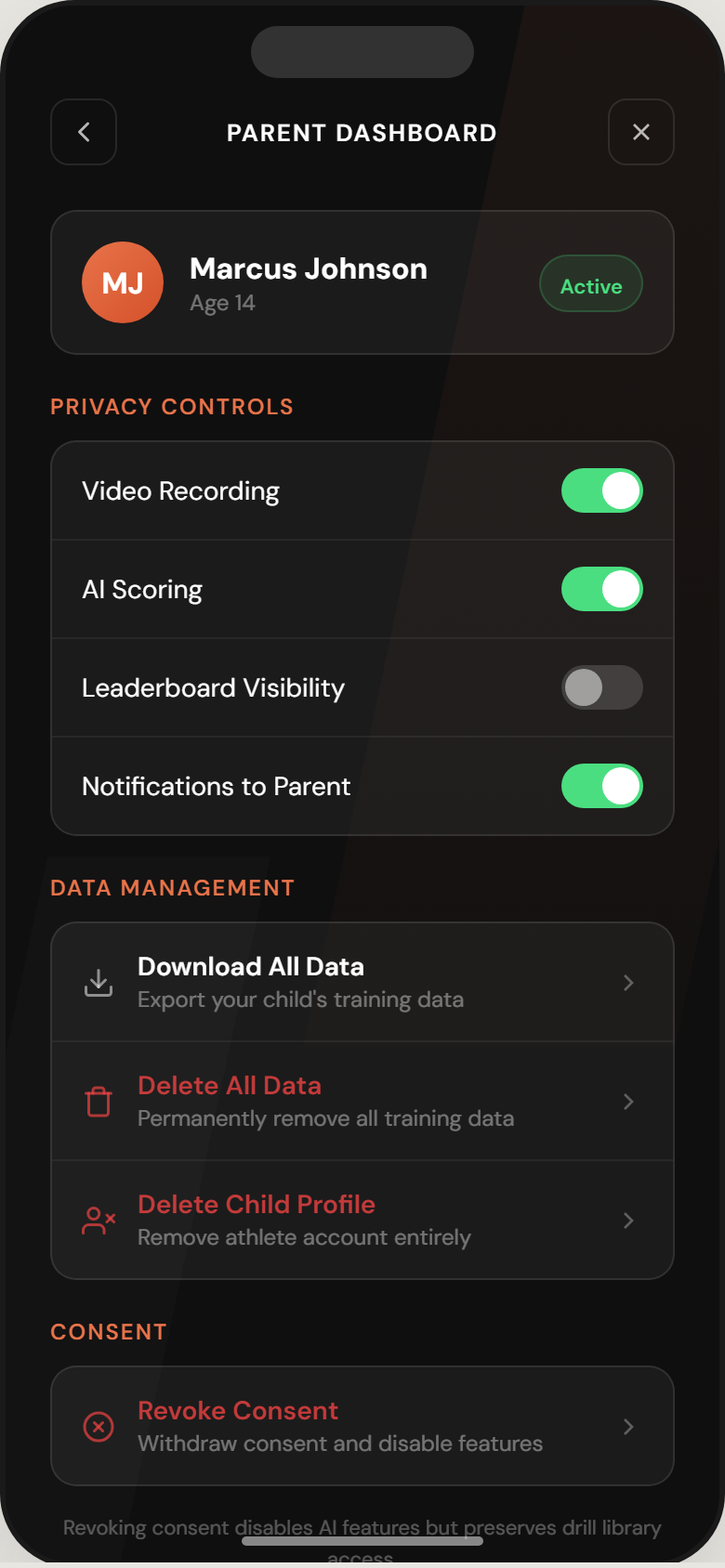 Virtual Coach parent dashboard showing youth account activity and privacy controls